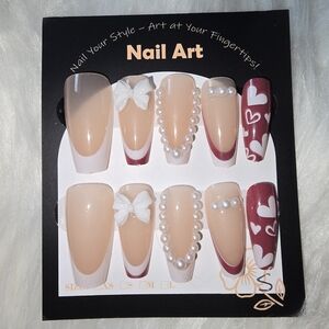 Elegant Handmade Nail Set with Red and White Accents